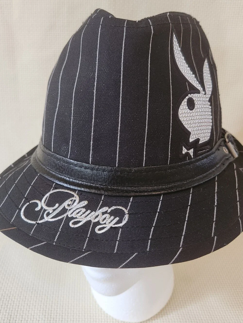 Vintage Y2K Playboy Bunny Pinstripe Fedora Hat Black Silver Metallic McBling S/M